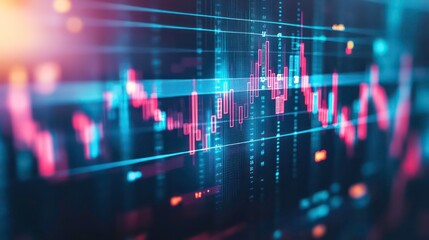 Poster - Close-up of a stock market chart on a computer screen with red and blue lines and data points.
