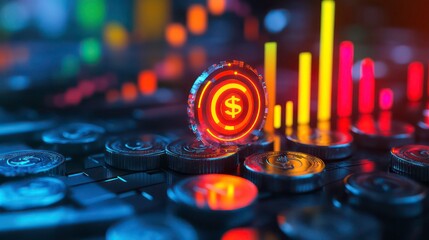 Aufkleber - A glowing dollar coin sits atop a stack of coins against a backdrop of colorful charts and graphs, representing financial growth and success.