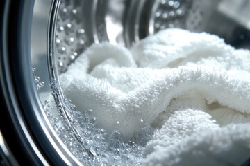Aufkleber - A washing machine drum showcases white towels immersed in soapy bubbles, conveying a sense of cleanliness and freshness. Generative AI