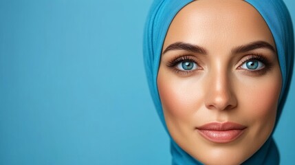 Poster - CloseUp of Mature arab Woman39s Face with light blue Digital Facial Mapping Lines for Beauty and Technology Concept. space on the left