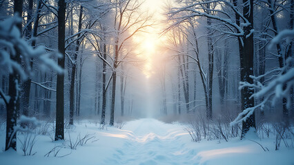 Aufkleber - Snowy forest scene with abstract shiny light backdrop creates a serene atmosphere with natural beauty and visual interest combined perfectly.