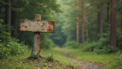 Wall Mural - an empty sign board on the background of a forest, made of wood, old and weathered plaque