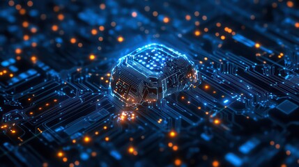 Poster - A futuristic chip, a symbol of technology and innovation, is placed on a circuit board, glowing with blue and orange light.