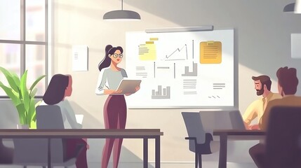 Poster - A professional meeting with a woman presenting data to colleagues in a modern office setting.