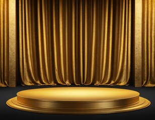 Podium gold fabric product background 3d luxury golden stage silk cloth abstract display. Fabric gold elegant premium podium platform beauty studio pedestal scene light design stand presentation black