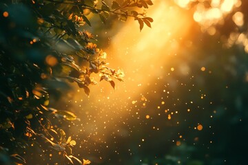 golden sunlight shining through leaves with particles