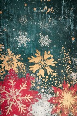 Vintage Christmas red, pine green background with gold snowflakes, Christmas trees, retro fonts. Stylized as painting on wooden board. Folk Art. Retro nostalgic design for greeting card, advertising