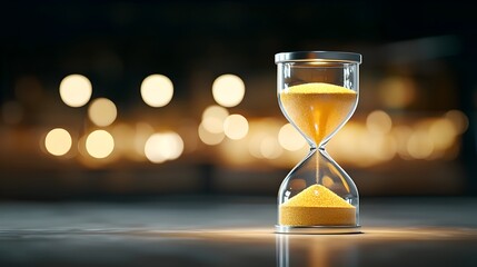 Poster - Captivating close up of an hourglass filled with sparkling sand illuminated by a soft glowing light and set against a warm blurred bokeh background