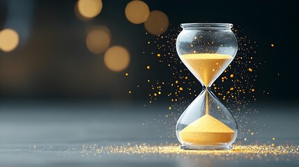Poster - Close up shot of a glowing hourglass filled with sparkling sand illuminated by a soft warm light that creates a beautiful bokeh background symbolizing the passage of time and a sense of elegant