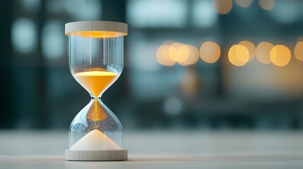 Poster - Mesmerizing close up of a glowing hourglass filled with bright shimmering sand gently falling through the passage of time surrounded by a soft warm bokeh effect that creates a tranquil