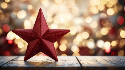 Red star decoration on a wooden surface with festive bokeh lights in the background