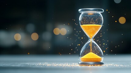 Poster - Mesmerizing close up of a glowing hourglass filled with shimmering sand radiating a warm and ethereal light with a soft enchanting bokeh glow surrounding it