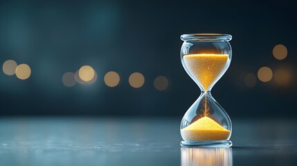 Poster - Radiant Glowing Hourglass with Shimmering Sand   Soft Bokeh Lighting Representing Time Light and Tranquil Meditation