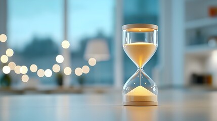 Poster - Closeup of an hourglass with bright shimmering sand glowing warmly inside surrounded by a soft blurred bokeh effect for a magical timeless concept