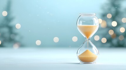 Poster - Captivating close up of an hourglass filled with shimmering radiant sand surrounded by a soft dreamy bokeh effect that creates a magical timeless atmosphere