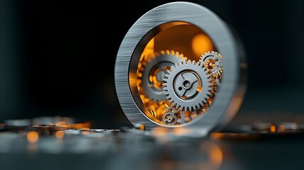 Poster - Keyhole Revealing Detailed Gear System Inside Illuminated by a Warm Bokeh Glow in the Background Representing Complexity and Security