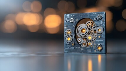 Poster - Keyhole Revealing Detailed Gear System within Illuminated by a Warm Bokeh Glow in the Background Representing Complexity and Security in an Abstract Conceptual Design