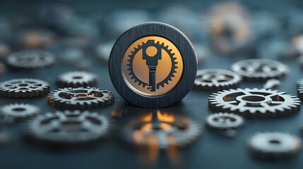 Poster - Detailed close up view of an intricate keyhole mechanism with softly illuminated gears cogs and metallic components creating a warm