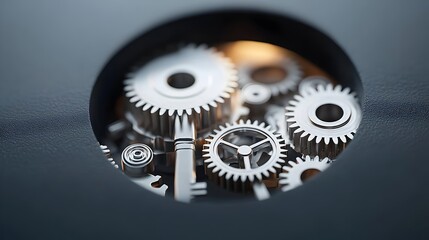 Poster - Detailed close up view of an intricate mechanism with gears and a keyhole softly illuminated by a warm hazy bokeh glow representing the concepts of security precision and technological elegance