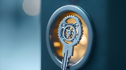 Poster - Unlocking the Secrets of Technology A Close up View of a Keyhole Revealing an Intricate Gear Mechanism Glowing Warmly and Surrounded by Soft Bokeh Light