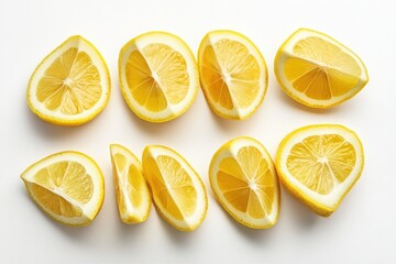 Fresh lemon wedges are beautifully arranged in a circular pattern on a clean white background, showcasing their vibrant yellow color and juicy texture, perfect for enhancing dishes or drinks.