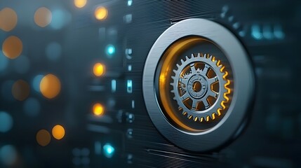 Poster - Glowing keyhole with an intricate gear mechanism visible inside surrounded by a soft bokeh glow in the background symbolizing precision technology and security