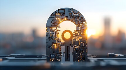 Poster - Close up view of a keyhole revealing a detailed internal gear mechanism glowing softly with warm and elegant bokeh lighting symbolizing the concepts of security precision engineering
