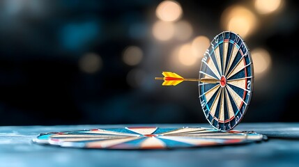 Poster - Precision Focus A dartboard in sharp focus with an arrow striking the center bullseye surrounded by a soft warm and blurred bokeh glow on a dark blue background
