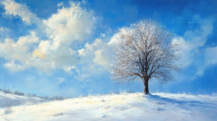 Wall Mural - A lone tree rises from a snow-covered field, with a vibrant blue sky and delicate clouds above, symbolizing solitude and the serene beauty of winter.