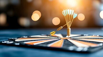 Poster - Dartboard with an Arrow Precisely Striking the Center Surrounded by a Soft Warm Bokeh Glow on a Dark Blue Background Symbolizing the Concept of Precision and Successful Achievement