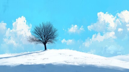 Wall Mural - A lone tree rises from a snow-covered field, with a vibrant blue sky and delicate clouds above, symbolizing solitude and the serene beauty of winter.