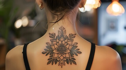 Ornate black ink tattoo of a mandala on a woman's back.