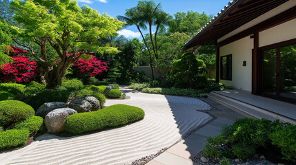 Poster - A peaceful zen garden with perfectly raked sand patterns and smooth stones arranged in a calming, 