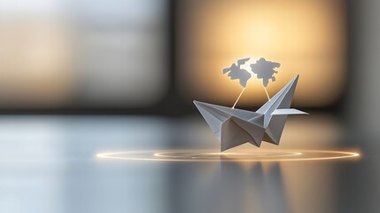 Poster - Glowing paper airplane circling the globe symbolizing innovative alternative energy solutions for a sustainable future  The soft blurred bokeh background adds an ethereal