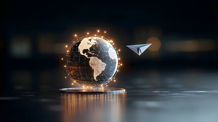 Poster - Glowing Globe with Paper Airplane Representing Clean Energy Solutions on Dark Background  Concept of Innovation Sustainability and Global Progress