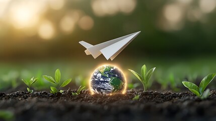 Poster - A paper airplane gracefully soaring over a glowing earth shaped sphere representing sustainable energy and environmental responsibility surrounded by a warm blurred bokeh effect for a conceptual