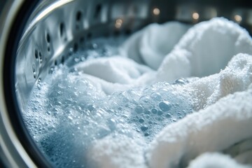 Aufkleber - A washing machine drum is filled with white towels soaking in bubbles, illustrating a typical laundry process at home. Generative AI