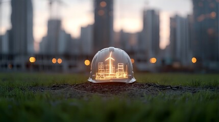 Poster - Close up shot of an engineer s hard hat or safety helmet placed in front of a construction site glowing with warm radiant bokeh lighting