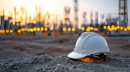 Fototapete - An engineer s hard hat resting on a clean energy project site glowing softly with warm luminous bokeh lights that symbolize alternative energy innovation and sustainability