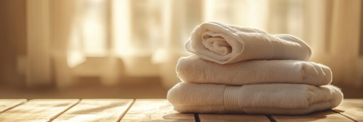 Aufkleber - Fluffy towels are stacked on a wooden table, bathed in soft sunlight coming through a delicate curtain at home. Generative AI
