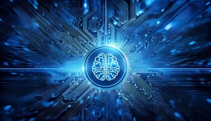 Poster - Intricate Circuit Board With Illuminated Brain Symbol Representing Artificial Intelligence Technology Development in a Modern Setting