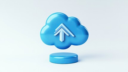 Poster - 3D rendering of a blue cloud icon with an upward arrow, symbolizing data upload or cloud storage.