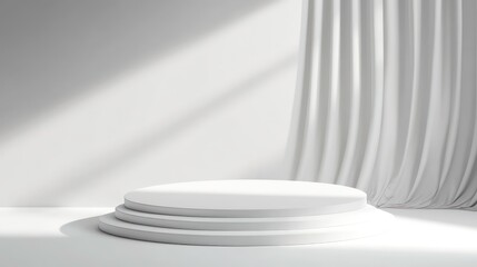 Poster - A minimalist white podium with a curtain in the background, bathed in sunlight.