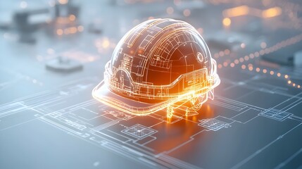 Fototapete - Close up of a glowing engineer s helmet surrounded by soft warm bokeh light symbolizing the promise of clean energy and sustainable construction technologies for the future