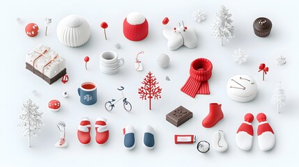 Poster - Cozy winter collection featuring snowflakes scarves and mittens in a flat isometric This winter themed design showcases a seasonal assortment of warm and festive accessories