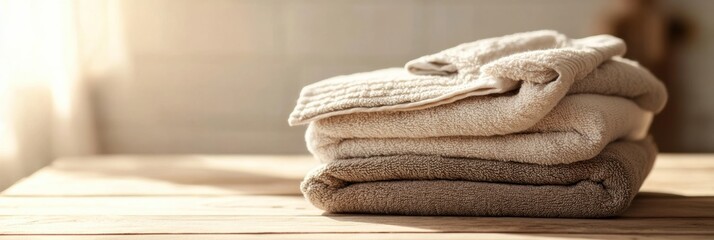Poster - A stack of soft, neatly folded towels rests on a wooden table, illuminated by warm sunlight filtering through a nearby window. Generative AI
