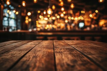 Wall Mural - A wooden table top with a blurred background of a bar with warm lighting.