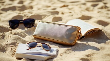 A waterproof travel pouch lying on a sandy beach towel next to sunglasses