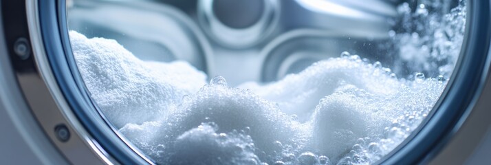 Aufkleber - A washing machine drum is packed with fluffy white towels, surrounded by bubbles during the wash cycle, showing cleanliness in action. Generative AI