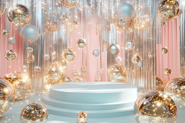 Festive atmosphere. White round podium, stage with pink curtains, large number of glitter gold silver spheres, baubles. Birthday, social evening, party pedestal for events, promotions, poster, banner